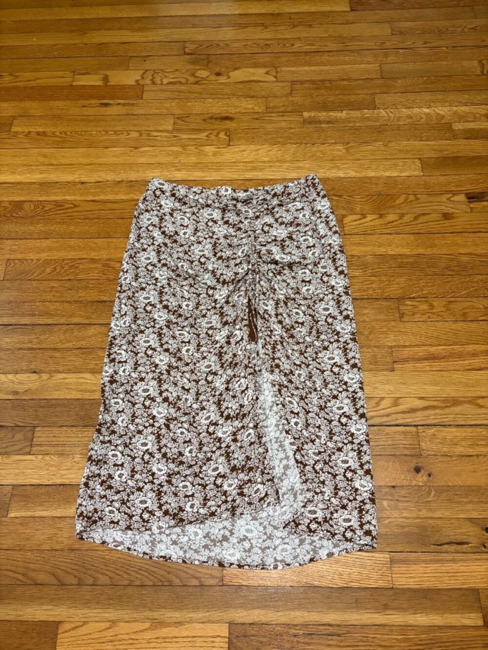 American Eagle Womens Midi Skirt Size XL Brown White Floral Front Slit Viscose